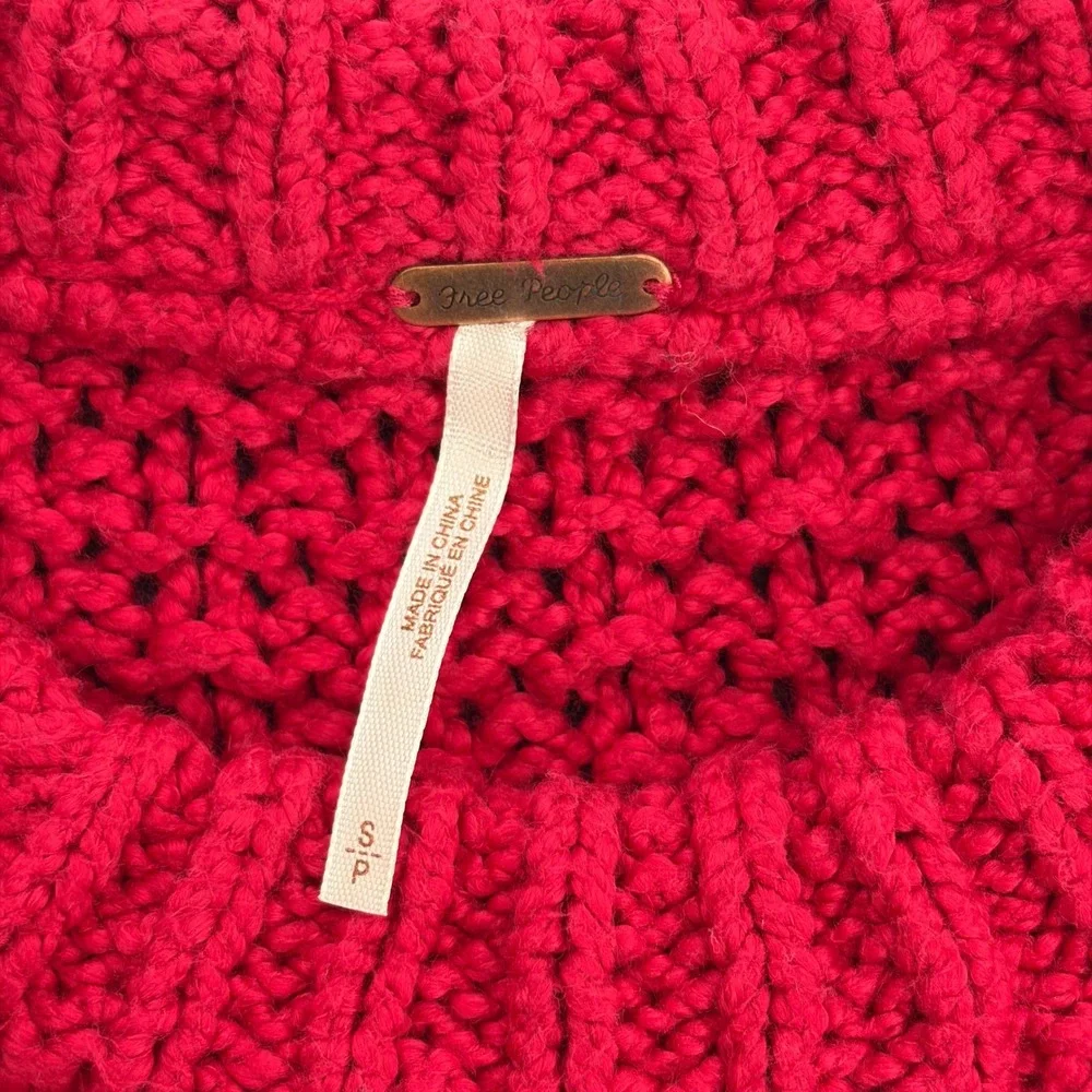 Free People Women Red Chunky Cable Knit Cotton Pullover Cropped Sweater Size S